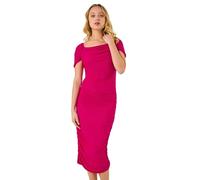 Dusk Fashion Ruched Mesh Stretch Dress for Women UK - Ladies Everyday Holiday Spring Summer Square Neckline Comfy Soft Evening Vacation Work Party Knee Length - Pink - Size 16
