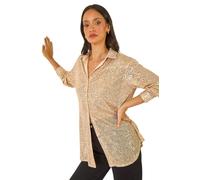 Dusk Fashion Sequin Button Through Stretch Blouse for Women UK - Ladies Everyday Autumn Winter Shirt Style Collar Comfy Soft Evening Vacation Work Party Night Out - Gold - Size 12