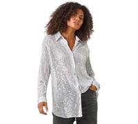 Dusk Fashion Sequin Button Through Stretch Blouse for Women UK - Ladies Everyday Autumn Winter Shirt Style Collar Comfy Soft Evening Vacation Work Party Night Out - Silver - Size 8
