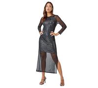 Dusk Fashion Sequin Mesh Overlay Midi Stretch Dress for Women UK - Ladies Everyday Autumn Winter Round Neckline Comfy Soft Evening Vacation Work Party Night Out - Black - Size 10