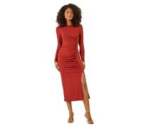Dusk Fashion Textured Ruched Stretch Midi Dress for Women UK - Ladies Everyday Holiday Spring Summer Round Neckline Comfy Soft Evening Vacation Work Party - Rust - Size 18