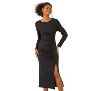 Dusk Fashion Textured Ruched Stretch Midi Dress for Women UK - Ladies Everyday Holiday Spring Summer Round Neckline Comfy Soft Evening Vacation Work Party - Black - Size 12