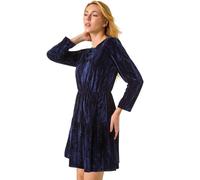 Dusk Fashion Textured Velvet Dress for Women UK - Ladies Everyday Autumn Winter Round Neckline Comfy Soft Evening Vacation Work Party Night Out - Midnight Blue - Size 14