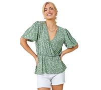 Dusk Fashion Women Ditsy Floral Print Peplum Top - Ladies Spring Everyday Summer Holiday V-Neckline Comfy Short Sleeve Soft Shirt Relaxed All-Over Blouses - Sage - Size 10