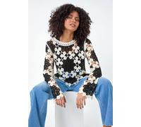Dusk Floral Crochet Knit Jumper In Black Black L