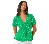 Dusk Floral Motif Tie Top for Women UK - Ladies Spring Everyday Summer Holiday V-Neckline Comfy Short Sleeve Soft Knot Front Shirt Office Business Blouses - Green - Size 16