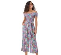 Dusk Fashion Floral Shirred Stretch Bardot Jumpsuit for Women UK - Ladies Everyday Holiday Spring Summer Comfy Soft Evening Vacation Work Party - Blue - Size 16
