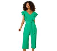 Dusk Fashion Frill Crepe Belted Jumpsuit for Women UK - Ladies Everyday Holiday Spring Summer V-Neckline Comfy Soft Evening Vacation Work Party - Green - Size 12