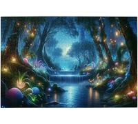 Dusk Mystic Forest Creature Waterfall Retro Collage 500 Piece Wooden Jigsaw Puzzle, Brain Teaser Gift 20.5x15 Inch