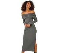 Roman Off The Shoulder Stretch Bardot Midi Dress for Women UK - Ladies Autumn Everyday Winter Holiday Long Sleeve Soft Bodycon Comfy Jersey Frock Dinner Date Gowns - Grey - Size 18