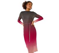 Dusk Pleated Plisse Stretch Mesh Midi Dress for Women UK - Ladies Autumn Everyday Winter Holiday Round Neckline Comfy Long Sleeve Soft Bodycon Frock Dinner Date Gowns - Rose - Size 8