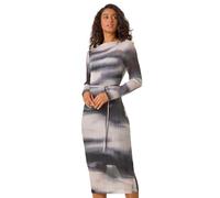 Dusk Pleated Plisse Stretch Mesh Midi Dress for Women UK - Ladies Autumn Everyday Winter Holiday Round Neckline Comfy Long Sleeve Soft Bodycon Frock Dinner Date Gowns - Black White - Size 16
