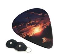 Dusk Scenery Guitar Picks 6 Pcs, 0.46mm Thickness Celluloid Plectrum with Leather Picks Holder, Personalized Guitar Pick for Bass Electric Acoustic Guitars Lovers Gift