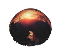 Dusk Scenery Shower Cap for Women Double Layers Thick Hair Caps Reusable Waterproof Bath Caps with Elastic Band Hair Hat Washable Shower Hat for Men Women Spa Salon