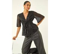 Dusk Sequin Tie Front V-Neck Top In Black Black 8