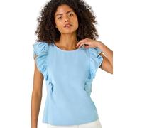 Dusk Short Sleeve Ruffle Stretch Tee for Women UK - Ladies Spring Everyday Summer Holiday Round Neckline Comfy Frill Detail Soft Cotton Jersey T-Shirt Day Out Blouses - Blue - Size 18