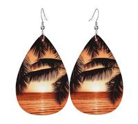 Dusk Tropical Beach Palm Ladies Leather Earrings Teardrop Drop Print Earrings Fashion Lightweight Daily Wear Party Date
