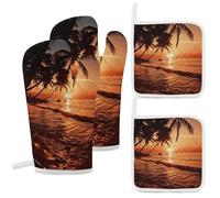 Dusk Tropical Beach Palm Oven Mitts and Pot Holders Sets 4PCS Heat-Resistant Cooking Gloves & Potholders with Hanging Loop for Baking Grilling BBQ Home Kitchen Essentials