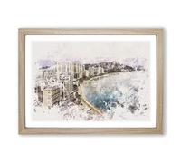 Dusk View of Waikiki Beach Watercolour Framed Print | A2 Oak Framed Wall Art | Ready to Hang | Modern Beach Picture | Living Room Bedroom Lounge Office