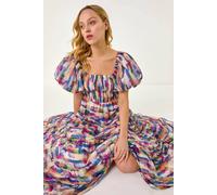 Dusk Women's Abstract Puff Sleeve Tiered Dress in Pink | Size: 10 Dusk Pink 10