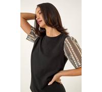 Dusk Fashion Contrast Crochet Sleeve Top for Women UK - Ladies Everyday Holiday Spring Summer Round Neckline Comfy Soft Evening Vacation Work Party - Black - Size 10