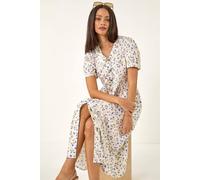 Dusk Fashion Ditsy Floral Buttoned Midi Dress for Women UK - Ladies Everyday Holiday Spring Summer V-Neckline Comfy Soft Evening Vacation Work Party - Ivory - Size 12