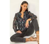 Dusk Women's Foil Print Tie Front Neck Top in Black | Size: 14 Dusk Black 14