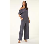 Roman Originals Wide Leg Trousers for Women UK Ladies Palazzo Pants Evening Jersey Elasticated High Waist Smart Flared Culotte Office Work Going Out Loose Crepe Bottoms - Metallic Navy - Size 10