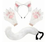 DuskHaven Ear Headband Paw Shaggy Tail Cosplay Set With Claw Like Fingertips Adjustable Strap Suitable for Parties Photo Shoots, White