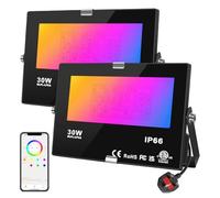 DUSKTEC LED Flood Lights RGB Colour Changing 300W Equivalent Outdoor,30W Bluetooth RGBW Smart Floodlight APP Control, IP66 Waterproof, Timing, 2700K & 16 Million Colours for Garden Stage,2 Pack