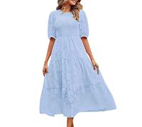 Dusky Pink Women's 2023 Summer Crew Neck Pleated Puff Sleeve Layered Floral Dress, lightblue, XL