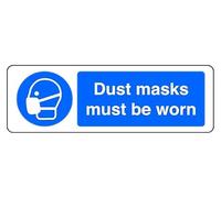 Dust Masks Must Be Worn - safety sign - High tack self-adhesive sticker (600mm x 200mm) Viewing Distance within 14m.