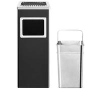 Dustbin with Ashtray, 36 L, Powder-Coated Steel, Black, Waste Bin with Removable Insert for Office, Garden, Household, Recycling and Waste Separation