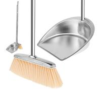Dustpan and Brush Set Long Handle Broom and Dustpan Set Heavy Duty Stainless Steel Upright Household Dust Pan Sweeper Combo for Indoor Outdoor Home Garden Kitchen Room Office Lobby(Round)