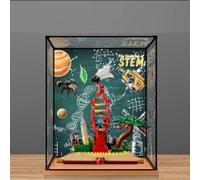 Dustproof clear acrylic display box, compatible with lego 21355 Knowledge is power model set display box, storage box, display cabinet (display box only) (Wooden base+background)