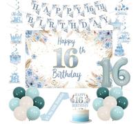 Dusty Blue 16th Birthday Decorations Happy Birthday Hanging Swirls Sash Blue Floral Banner Backdrop Cake Topper Number 16 Foil Balloon Latex Balloons for Girls 16th Bady Party Supplies