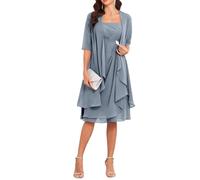 Dusty Blue 2 Pieces Mother of The Bride Dresses Knee Length Half Sleeve Chiffon Formal Dresses with Jacket for Wedding UK20