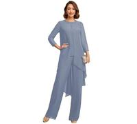 Dusty-Blue 2 Pieces Mother of The Bride Pant Suits for Wedding Guest Dresses - Chiffon Beaded Sequins Formal Evening Cocktail Party Prom Grandmother of Bride Outfits Size UK20
