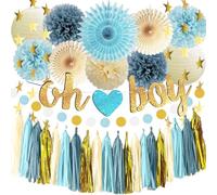 Dusty Blue Baby Shower Decorations for Boy Oh Boy Banner Dusty Blue Cream Tissue Paper Pom Poms Tassels Garland for Baby Shower Party Decor