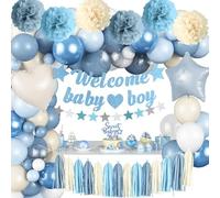 Dusty Blue Baby Shower Decorations for Boy, Welcome Baby Boy Banner Slate Light Metallic Blue White Sand Latex Balloons with Pom Poms Cake Topper Tassel for Boho Baby Shower Birthday Party Supplies