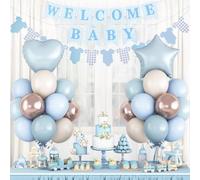 Dusty Blue Baby Shower Decorations Oh Welcome Baby Boys Balloon Set with Star Heart Foil Balloons Bunting Banner Bodysuit Paper Garland Boho Pastel Blue Gold White Sand Gender Reveal Party Decor Girls