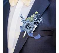 Dusty Blue Boutonniere for Wedding Groom 2pcs Rose Flower Groomsmen Best Man Father Suit Lapel Flower Light Coral Artificial Pocket Flower With Greenery for Prom Homecoming, Tea Party, Formal Dinner