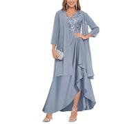 Dusty Blue Mother of The Bride Dresses Petite for Wedding 2 Pieces Chiffon Plus Size Formal Evening Dress with Jacket UK16