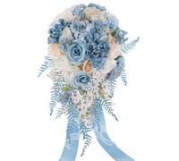 Dusty Blue Rose Bouquets for Bride Wedding White Navy Blue Champagne Cascading Bridal Bouquet Artificial Silk Flower Boho Rustic Ceremony Anniversary Decor Summer Fall Winter Wedding Toss Bouquet