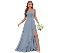 Dusty Blue Square Neck Chiffon Bridesmaid Dresses Spaghetti Straps Ruffle Formal Evening Gown Long A Line Wedding Guest Dress with Slit 18