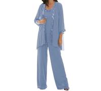 Dusty-Blue Trouser Suits for Women UK Chiffon Mother of The Bride Dresses 3 Pieces Wedding Outfit for Older Ladies with Jacket Size 20