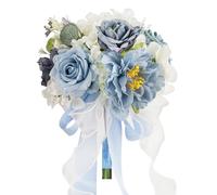 Dusty Blue Wedding Bouquets for Bride Bridesmaid,White Navy Blue Artificial Fake Silk Roses Flowers Bridal Bouquets for Wedding Boho Rustic French Vintage Church Decoration Toss Bouquet (8.6in(M))