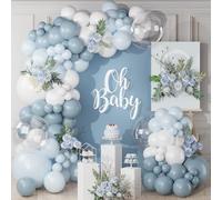 Dusty Blue White Balloon Arch Kit, 122pcs Bluey White Balloon Garland Arch Kit with Macaron Blue Fog Blue Clear Balloons, Dusty Blue Baby Shower Decoration Boy for Christening Birthday Wedding Party
