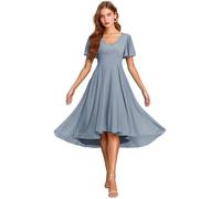 Dusty Blue Women's Flutter Sleeve Chiffon Bridesmaid Dresses Short V Neck A-Line Tea Length Beach Cocktail Formal Evening Party Gowns 24 Plus