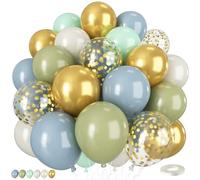 Dusty Green Blue Balloons, 50 PCS 12 Inch Boho Balloons with Retro Sage Green Blue Boho Gold Confetti Latex Balloon for Wedding Neutral Birthday Safari Baby Shower Party Decorations